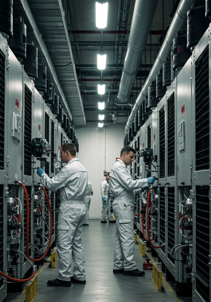 imagen17 "Equipo de ingenieros HVAC en overoles de marca realizando mantenimiento en unidades de refrigeración industrial en un almacén, con iluminación brillante y ambiente profesional."