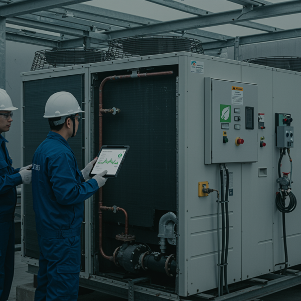 imagen26 "Dos técnicos de HVAC en uniformes azules revisan un sistema de refrigeración industrial en un techo comercial, utilizando tabletas digitales para evaluar métricas de eficiencia en un entorno sostenible."